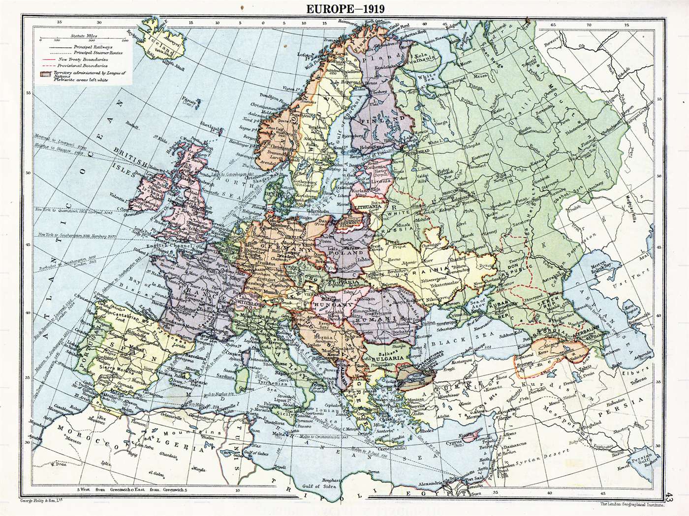 Mapa de Europa en 1919, tras el Tratado de Versalles